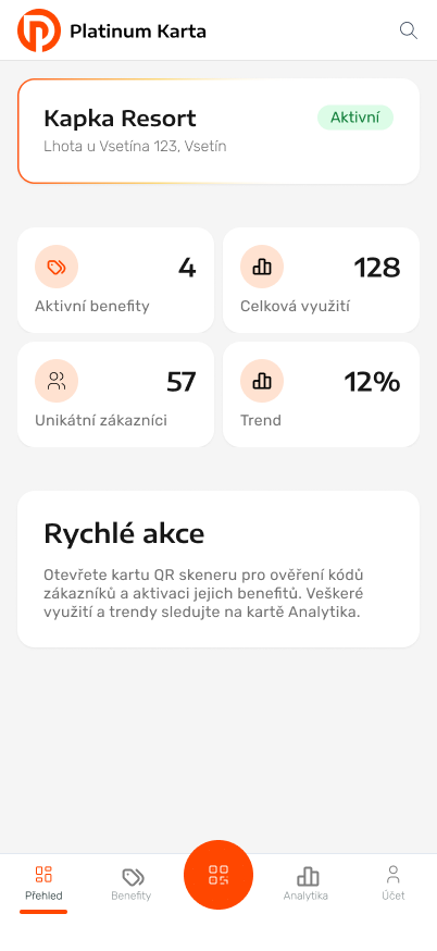 Firemní přehled se stavem, statistikami a rychlými akcemi